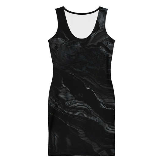 Obsidian crystal all-over print fitted bodycon dress in black volcanic-glass texture