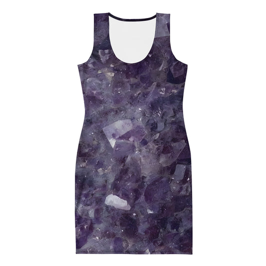 Amethyst crystal all-over print fitted bodycon dress in purple quartz texture
