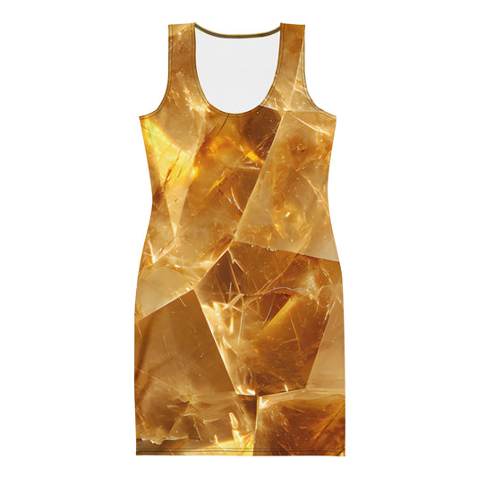 Citrine crystal all-over print fitted bodycon dress in golden quartz texture