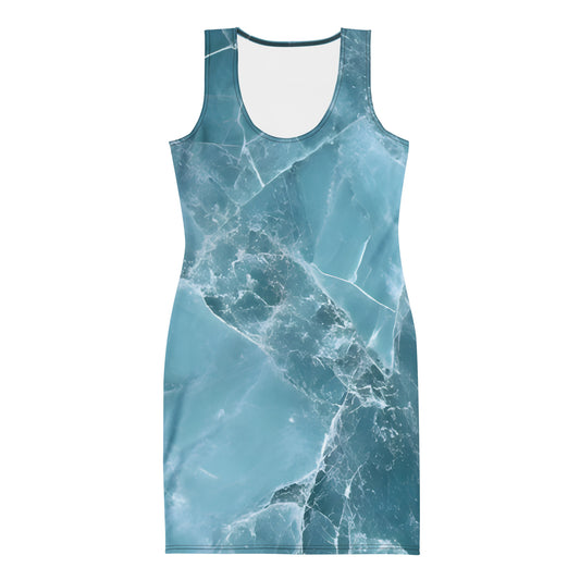 Aquamarine crystal all-over print fitted bodycon dress in pale blue beryl texture