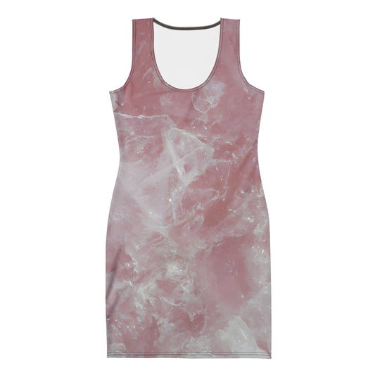 Rose quartz crystal all-over print fitted bodycon dress in soft pink quartz texture