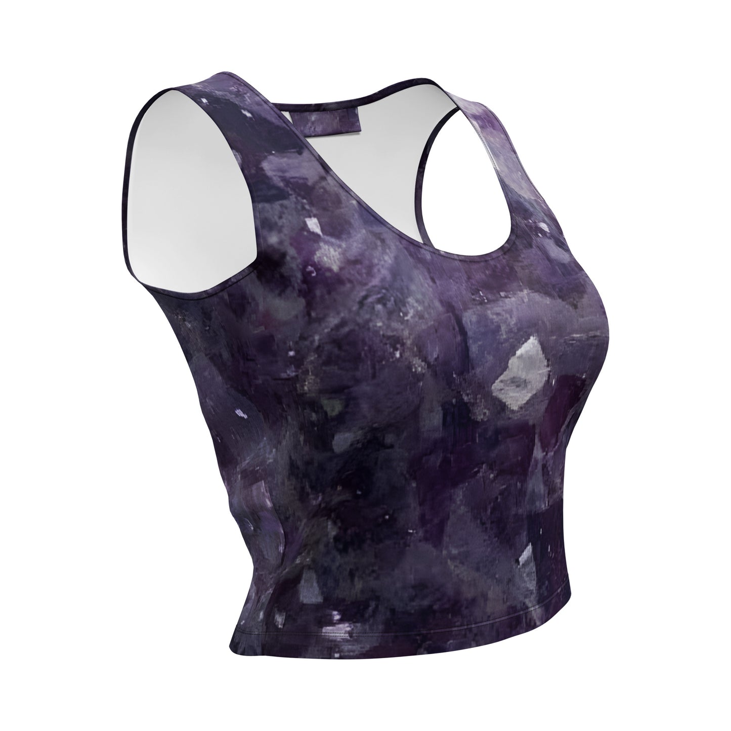 Amethyst crystal all-over print body-hugging crop top in purple quartz texture