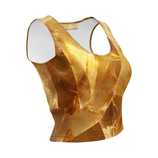 Citrine crystal all-over print body-hugging crop top in golden quartz texture