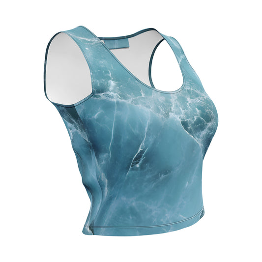 Aquamarine crystal all-over print body-hugging crop top in pale blue beryl texture