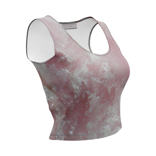 Rose quartz crystal all-over print body-hugging crop top in soft pink quartz texture