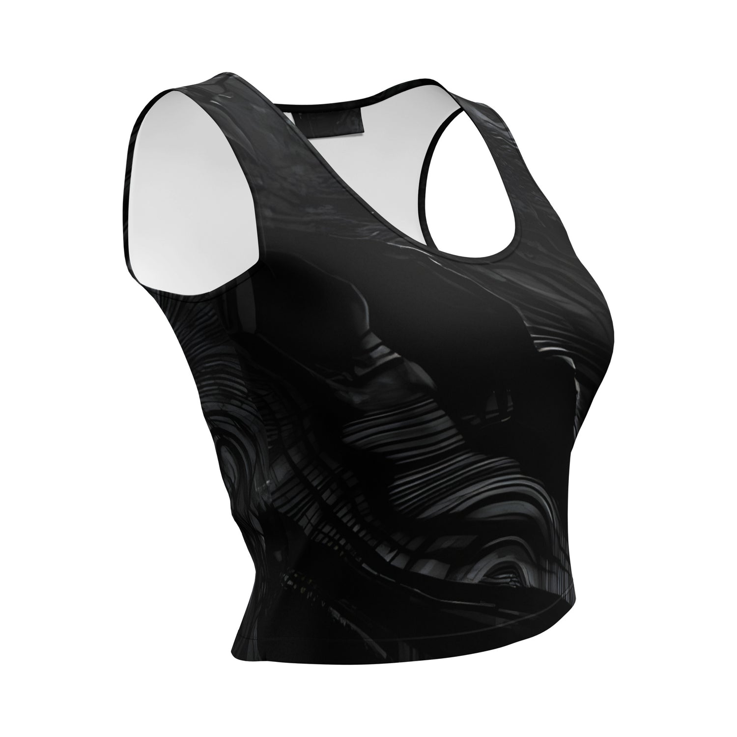 Obsidian crystal all-over print body-hugging crop top in black volcanic-glass texture
