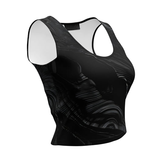 Obsidian crystal all-over print body-hugging crop top in black volcanic-glass texture