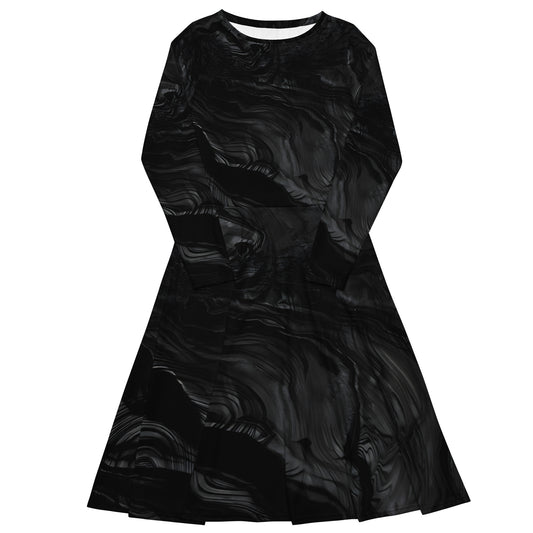 Obsidian crystal all-over print long-sleeve midi dress in black volcanic-glass texture