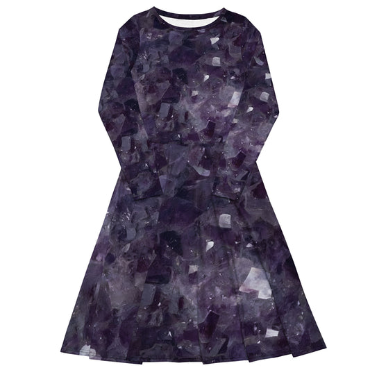 Amethyst crystal all-over print long-sleeve midi dress in purple quartz texture