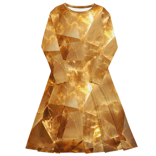 Citrine crystal all-over print long-sleeve midi dress in golden quartz texture