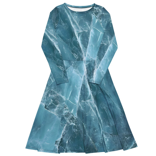 Aquamarine crystal all-over print long-sleeve midi dress in pale blue beryl texture