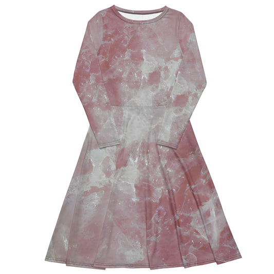 Rose quartz crystal all-over print long-sleeve midi dress in soft pink quartz texture