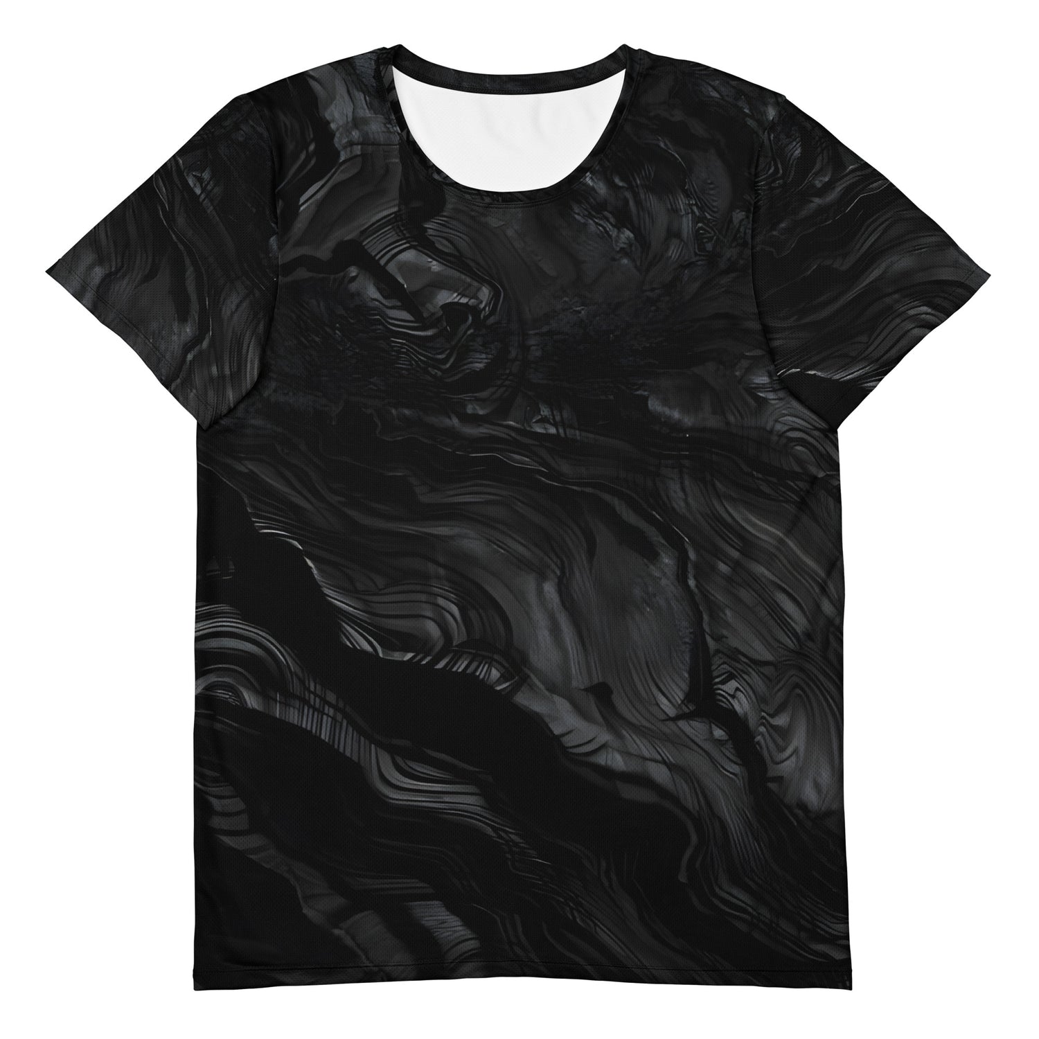 Men's obsidian crystal all-over print athletic tee in black volcanic-glass texture