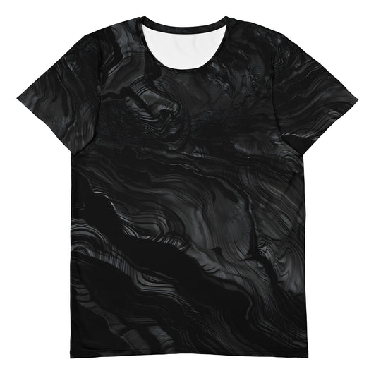 Men's obsidian crystal all-over print athletic tee in black volcanic-glass texture