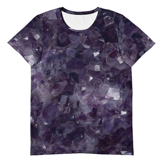 Men's amethyst crystal all-over print athletic tee in purple quartz texture