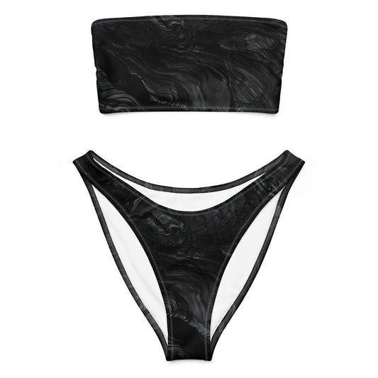 Obsidian crystal all-over print strapless bandeau bikini in black volcanic-glass texture
