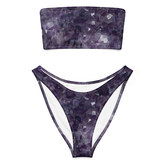 Amethyst crystal all-over print strapless bandeau bikini in purple quartz texture