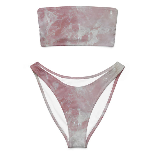 Rose quartz crystal all-over print strapless bandeau bikini in soft pink quartz texture
