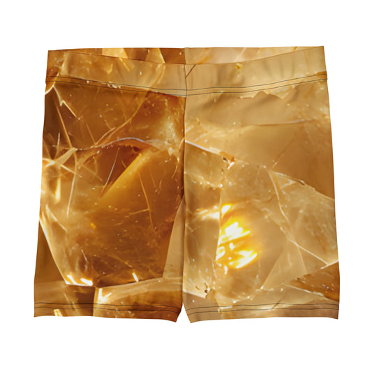 Citrine crystal all-over print tight-fit gym shorts in golden quartz texture