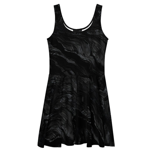 Obsidian crystal all-over print flared skater dress in black volcanic-glass texture