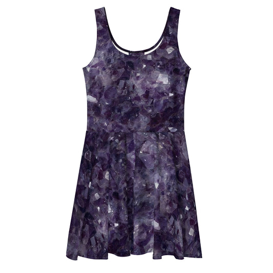 Amethyst crystal all-over print flared skater dress in purple quartz texture