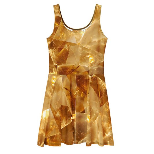 Citrine crystal all-over print flared skater dress in golden quartz texture