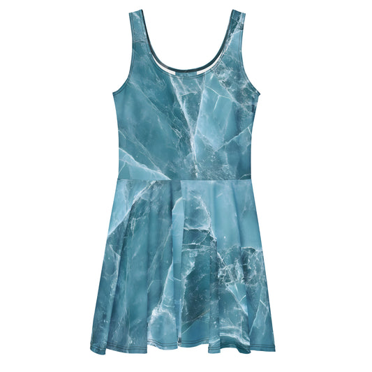 Aquamarine crystal all-over print flared skater dress in pale blue beryl texture