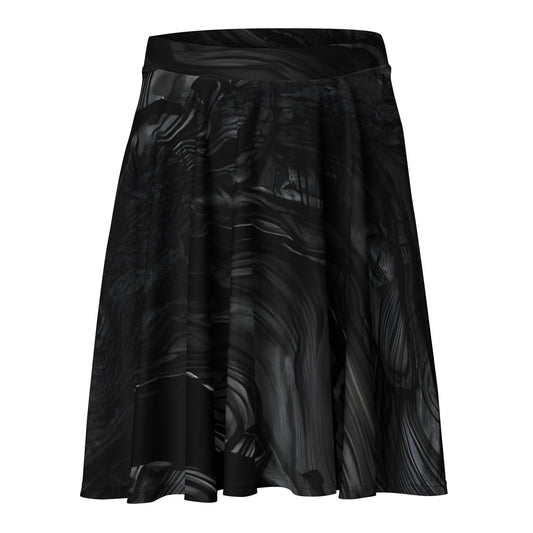Obsidian crystal all-over print flared skater skirt in black volcanic-glass texture