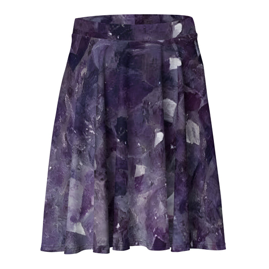 Amethyst crystal all-over print flared skater skirt in purple quartz texture