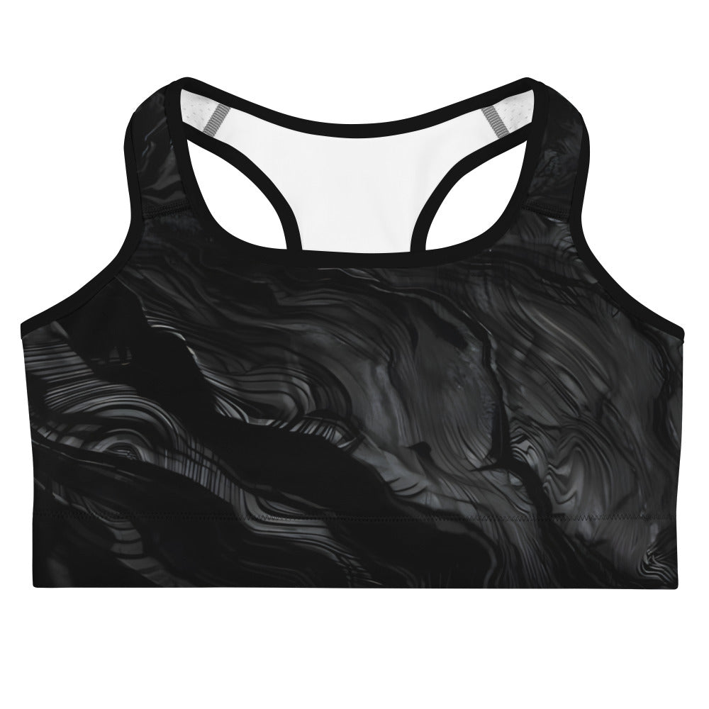 Obsidian crystal all-over print sports bra in black volcanic-glass texture