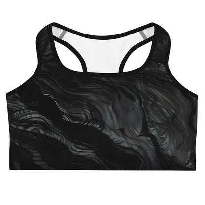 Obsidian crystal all-over print sports bra in black volcanic-glass texture