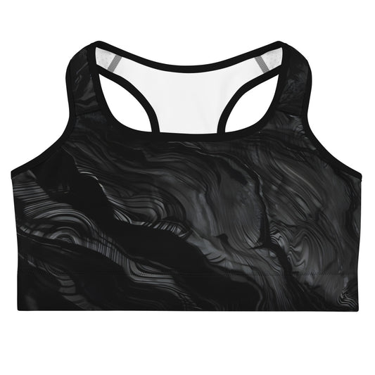 Obsidian crystal all-over print sports bra in black volcanic-glass texture