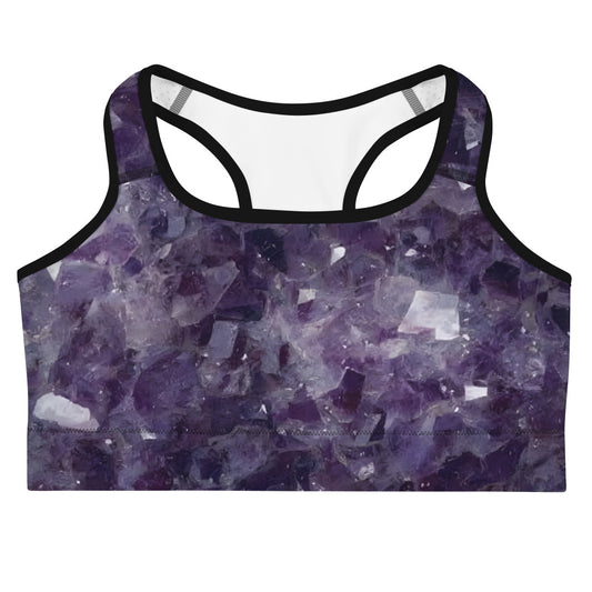 Amethyst crystal all-over print sports bra in purple quartz texture