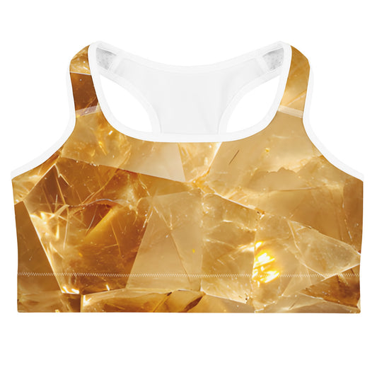 Citrine crystal all-over print sports bra in golden quartz texture