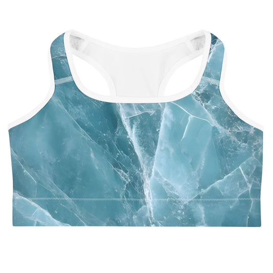 Aquamarine crystal all-over print sports bra in pale blue beryl texture