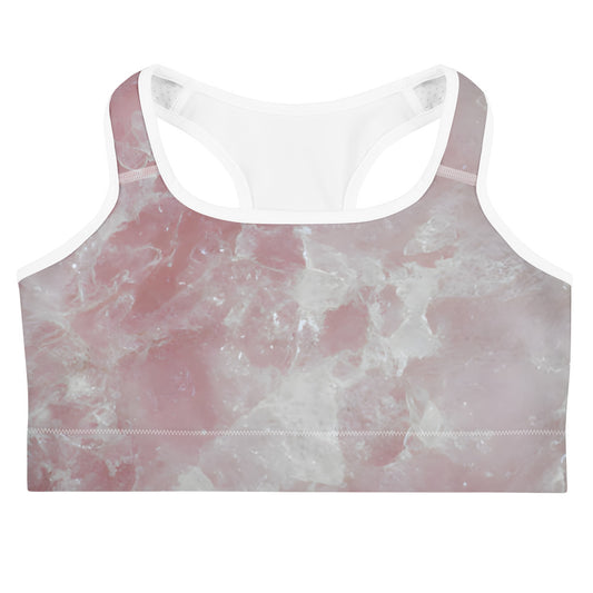 Rose quartz crystal all-over print sports bra in soft pink quartz texture
