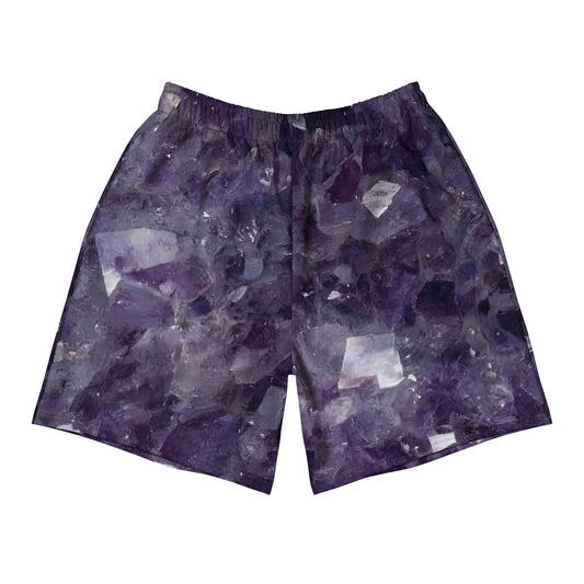 Amethyst crystal all-over print long athletic shorts in purple quartz texture