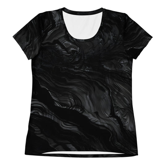 Women's obsidian crystal all-over print athletic tee in black volcanic-glass texture