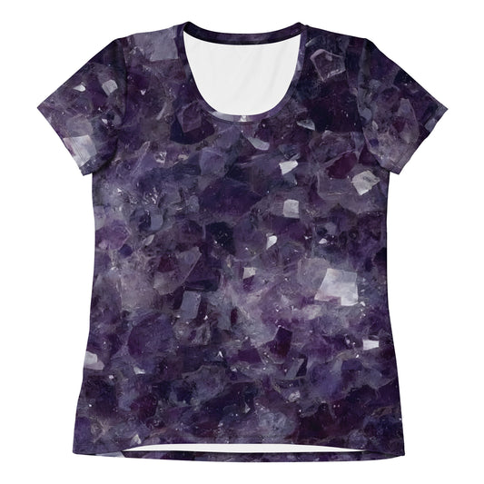 Women's amethyst crystal all-over print athletic tee in purple quartz texture