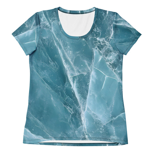 Women's aquamarine crystal all-over print athletic tee in pale blue beryl texture