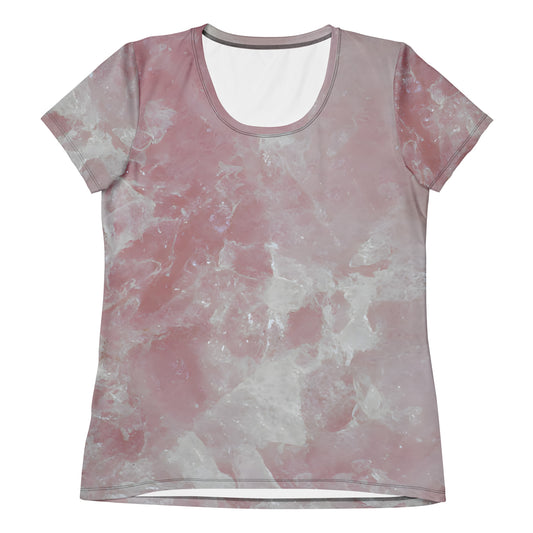 Women's rose quartz crystal all-over print athletic tee in soft pink quartz texture