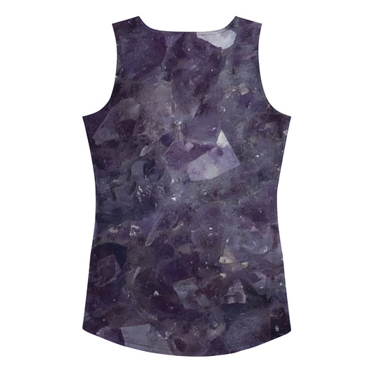 Amethyst crystal all-over print fitted tank top in purple quartz texture