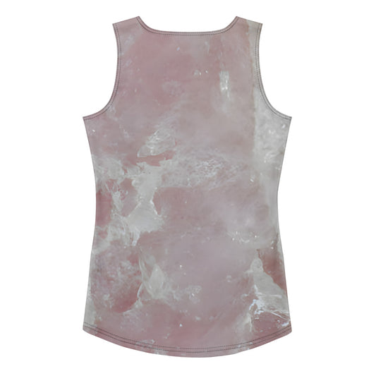 Rose quartz crystal all-over print fitted tank top in soft pink quartz texture